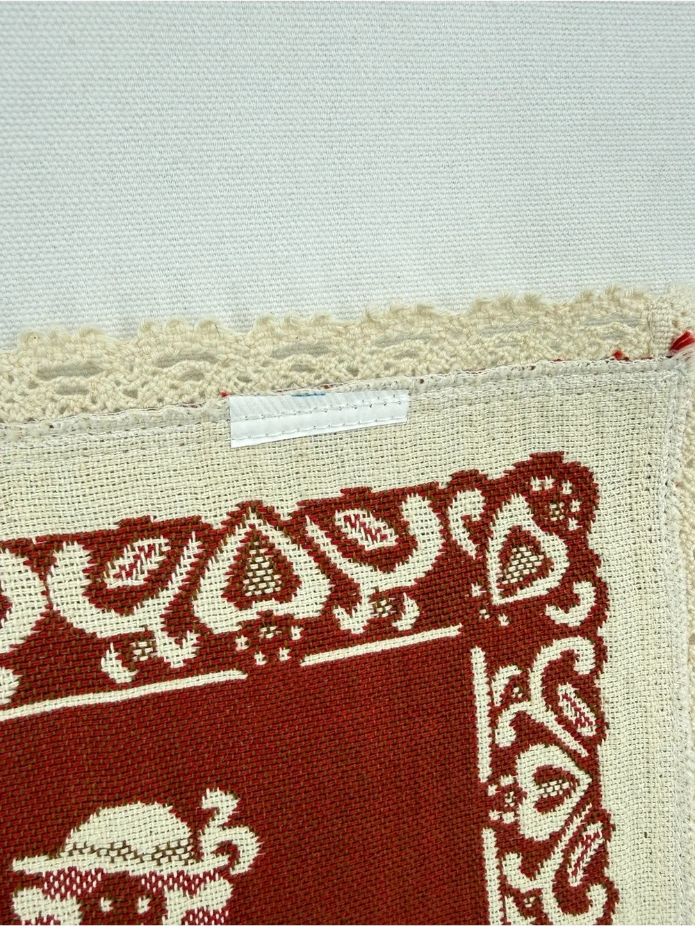 Vintage European Folk Art Table Mat Red Cream Lace Trim Alpine Couple